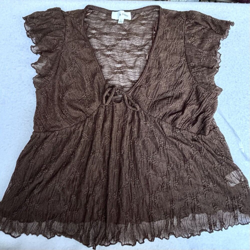 La Peche Semi Sheer Top Brown Textured Coquette Deep V Romantic Size L